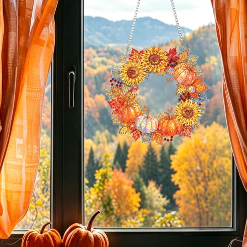 Fall Pumpkin Wreath Diamond Art Hanging Ornaments Kits for Adults, Diamond Painting Pendant Kits, DIY Acrylic 5D Special Shaped Crystal Gem Art Painting Ornament for Home Decor Thanksgiving 8x8Inch - color: As099
