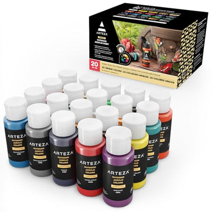 ARTEZA Outdoor Acrylic Paint Set, 20 Colors, 2 oz Bottles, Water-Based Matte Acrylic Paint for Rocks, Wood, Canvas, Glass, Ceramic, Fabric, Leather, Paper, and Outdoor Crafts - style: 20 Pack