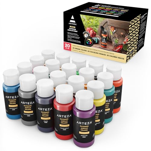 ARTEZA Outdoor Acrylic Paint Set, 20 Colors, 2 oz Bottles, Water-Based Matte Acrylic Paint for Rocks, Wood, Canvas, Glass, Ceramic, Fabric, Leather, Paper, and Outdoor Crafts - style: 20 Pack