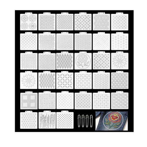 34 Pcs Sashiko Stencil Kit,Reusable Plastic Embroidery Quilting Templates | 30 Geometric Sewing Patterns With 4 Pins For Storage, Hand Drawing Supplies For Clothes Canvas Bags