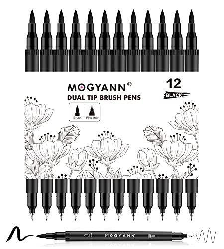 Black Markers for Coloring, Drawing Pens 12 Pack | Dual Tip, Brush Pens, Ideal for Artists, Calligraphy, Sketching - color: Black