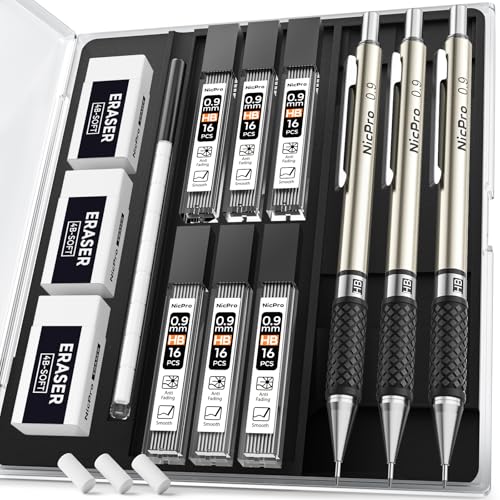 Nicpro 0.9 mm Art Mechanical Pencil Set in Storage Case, 3 PCS | Metal Drafting Pencil Lead Pencil+6 Tube HB Lead Refill, 12 Eraser, Comfort Grip For School Writing, Artist Drawing Sketching - style: 3 Pack (0.9mm)