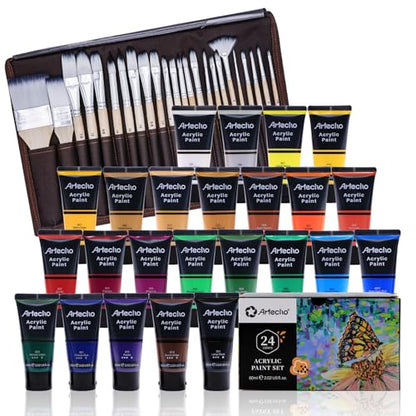 Artecho 24 PCS Paint Brushes & Professional Acrylic Paint Set, 24 Basic Colors Tubes (60ml / 2.02oz)