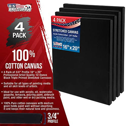 U.S. Art Supply 16x20 inch Black Canvases for Painting, 4 Pack Bulk Stretched Artist Canvas Professional Primed - Ideal for Arts & Crafts, Heavy-Weight Gesso - Acrylic Pouring, Oil Paint - size: 16" x 20"
