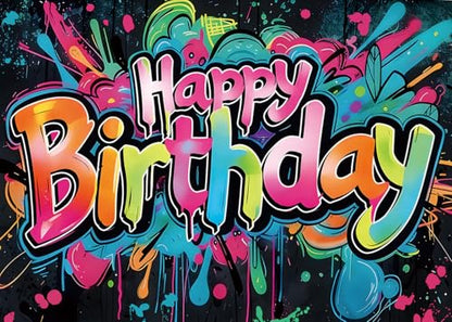INRUI Colorful Graffiti Happy Birthday Photography Backdrop 6x4FT | Vibrant Drip Graffiti Birthday Art, Lightweight Vinyl, Retro/Hip-hop/Birthday Party Photo Backdrop, Easy Hang & Wipe Clean - size: 6x4FT