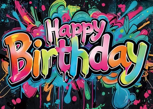 INRUI Colorful Graffiti Happy Birthday Photography Backdrop 8x6FT | Vibrant Drip Graffiti Birthday Art, Lightweight Vinyl, Retro/Hip-hop/Birthday Party Photo Backdrop, Easy Hang & Wipe Clean - size: 8x6FT