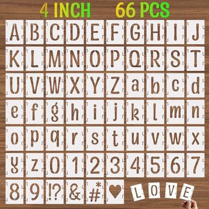 4 Inch Alphabet Letter Stencils, 66 Pcs Reusable Plastic Letter Number Symbol Interlocking Drawing Template Kit for Painting on Wood, Wall, Glass, Fabric, Signage, Door Porch - size: 4 Inch
