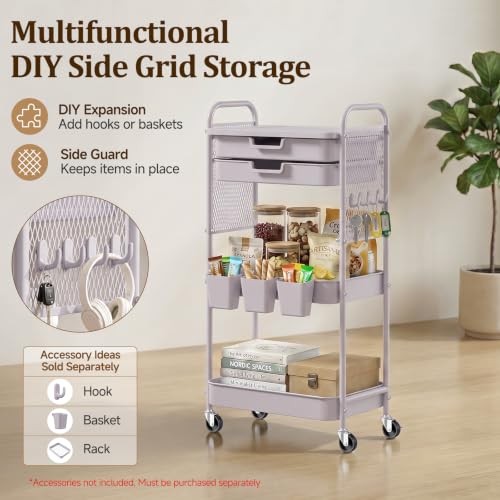 3 Tier Rolling Cart with 2 Drawers, Metal Utility Storage Carts with Wheels | Kitchen Rolling Cart 4.5" Deep Basket, Mesh Side Panel with 3 Cups, 4 Hooks for Office, Bedside, Craft Storage Cart - color: Dray Purple