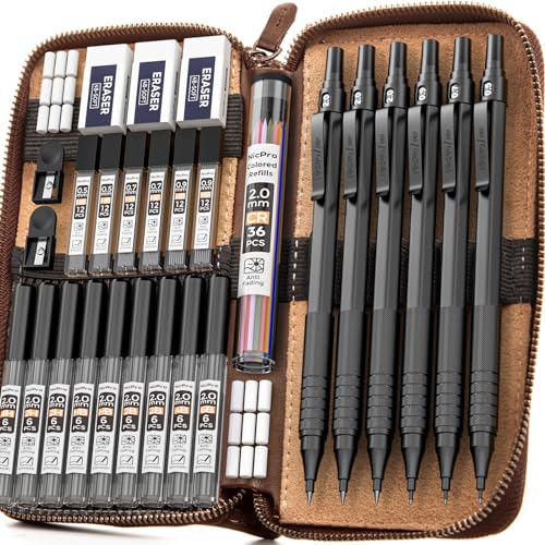 Nicpro 30PCS Black Metal Mechanical Pencil Set in Leather Case Blocky Gear 40PCS Metal Mechanical Pencil Set in Leather Case