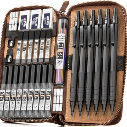 Nicpro 30PCS Black Metal Mechanical Pencil Set in Leather Case Blocky Gear 40PCS Metal Mechanical Pencil Set in Leather Case