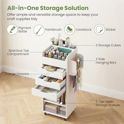 Giantex Craft Storage Cart - Utility Organizer Cart with 3 Drawers, 3 Shelves, 3 Slotted Compartments, 2 Rolling Rods, Crafting Sewing Cabinet on Wheels for Wrapping Paper Scrapbook Ribbon (White) - color: White