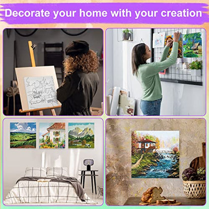 Teling 12 Pcs Pre Drawn Stretched Canvas Kit for Adults Painting Pre Printed Canvas Outline for DIY Painting Party Favor,6 x 6 x 0.6 Inches(Landscape) - style: Landscape