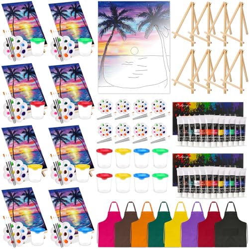 Cholemy 8 Set Paint and Sip Kit for Adults 8'' x 10'' Pre Drawn Canvas with Wooden Easels Acrylic Paint Brushes Wash Cup Palette Apron for Painting DIY Date Night Party Supplies(Sunset) - style: Sunset