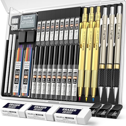 Nicpro 35PCS Gold Art Mechanical Pencils Set, 3 PCS Metal Drafting Pencil - color: Gold, style: 0.5 0.7 0.9 2.0