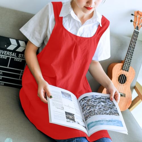 NEWGEM Japanese Cotton Linen Cross Back Cooking Apron for Women Men with Pockets Cute for Baking Kitchen - color: 12 - Women's Bright Red