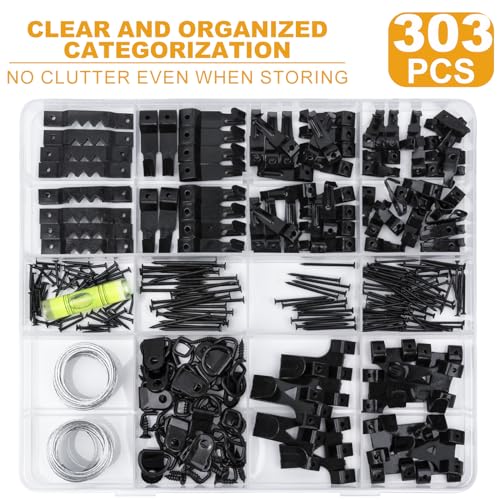 303Pcs Picture Hangers for Wall Art Decor Tapestry, Picture Hanging Kit With Heavy Duty Wall Hooks, Sawtooth, Picture Wire, D Rings, Hardware Nails, Eye Hooks, Black Frame Hooks for Drywall Wood - size: Black