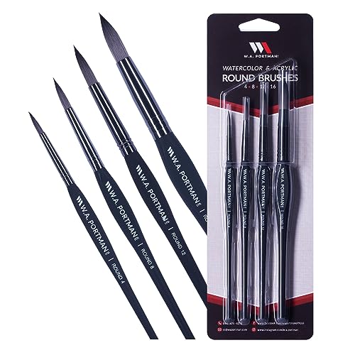 WA Portman Round Acrylic Paint Brush Set, Professional 4pc Watercolor Brush | Cruelty-free Round Brush Set (4, 8, 12, 16) Round Watercolor Paint Brushes, Round Bristles for Oil, Gouache & Acrylic Paint - color: Round