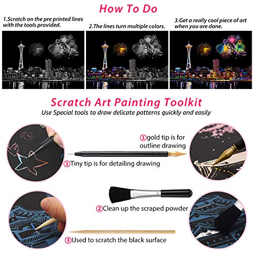 4-Sheet Rainbow Scratch Art with Tools for Adults & Teens, A4 America Paper - color: Golden,Gray