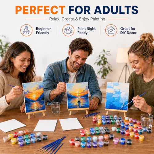 8 Pack 8 x 10 Inch Canvas Boards for Painting, Art Canvas Bulk for Drawing with Paint Brushes & 12 Colors Acrylic Paint, Mini Painting Canvas with Easel Set, Painting Kits for Adults Party Supplies