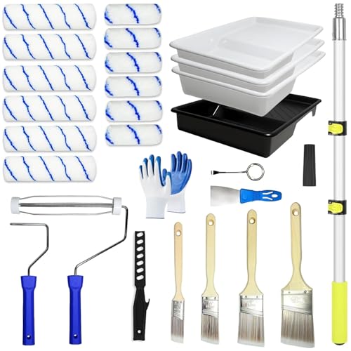 Paint Roller Kit with 2 to 4 FT Extension Pole for House Painting - Completed Home Painting Set with 9″ & 4″ Paint Roller Covers, Tray, Paint Brushes and Accessories