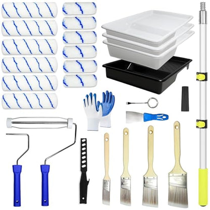 Paint Roller Kit with 2 to 4 FT Extension Pole for House Painting - Completed Home Painting Set with 9″ & 4″ Paint Roller Covers, Tray, Paint Brushes and Accessories