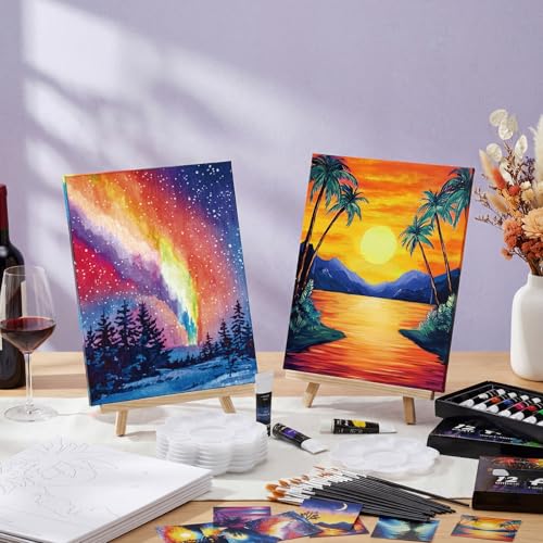 Cholemy 36 Pcs Paint and Sip Kit Gift for Adults 8''x10'',Sunset Coast | Pre Drawn Canvas, Painting DIY Afro Acrylic Painting Kit, Wood Easel Brushes, Date Night Bulk, Summer Halloween Party - style: Sunset Coast