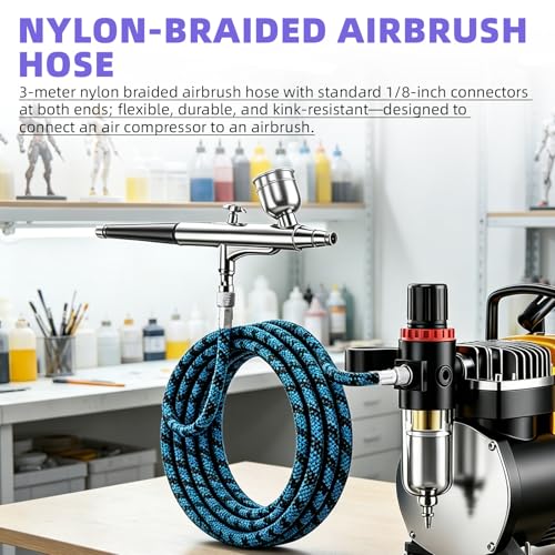 DEELEDM 1/8" Airbrush Quick Connect with 10ft Hose & 4 Male Connectors | Adjustable pressure hose adapter, blue spray hose, quick release design for airbrushing, model painting & DIY crafts