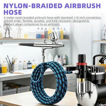 DEELEDM 1/8" Airbrush Quick Connect with 10ft Hose & 4 Male Connectors | Adjustable pressure hose adapter, blue spray hose, quick release design for airbrushing, model painting & DIY crafts