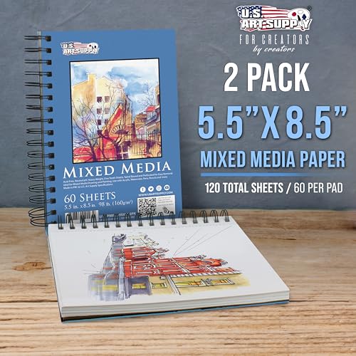 U.S. Art Supply 5.5"x8.5" Mixed Media Sketchbook, 2 Pack (60 Sheets) - size: 5.5-x-8.5-inch