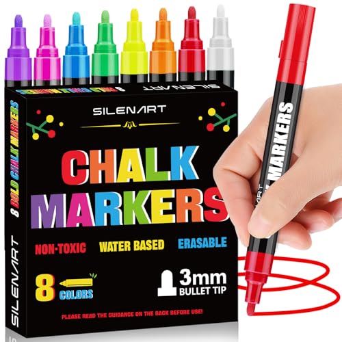 SILENART Liquid Chalk Markers for Blackboard - 8 Vibrant Colors - Window Markers for Car Glass Dry Erase Board Acrylic Calendar Board - color: Neon, style: 3mm Tip - 8 Pack