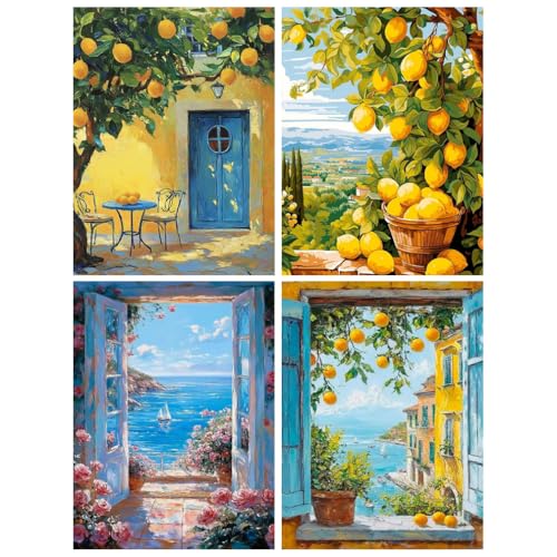 Clendo 4 Packs Summer Scene Paint by Numbers Kits for Adults, DIY Lemon Tree Adult Paint by Number Kits on Canvas, Digital Oil Number Painting for Home Decor (12x16 Inch) - color: MT22707-MT22708-MT22709-MT22710-US