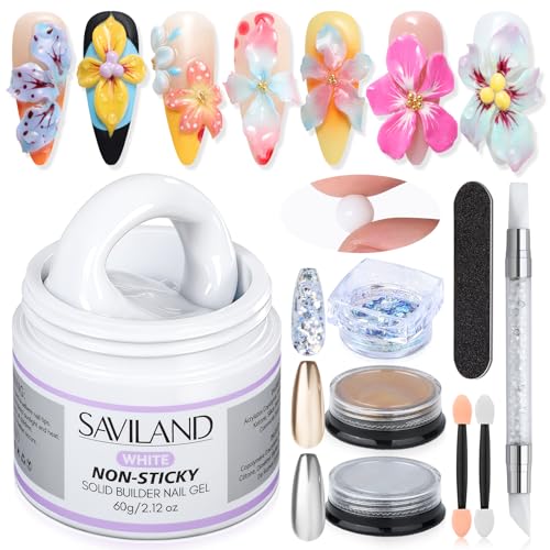 SAVILAND 60 g Solid Builder Nail Gel Kit Non Sticky, White | Non-Sticky Sculpture Gel, Chrome Powder Sequins, Sculpture Pen, Non-Wipe Extensions, 3D Nails Art Designs DIY Home - size: 60g- white