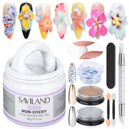 SAVILAND 60 g Solid Builder Nail Gel Kit Non Sticky, White | Non-Sticky Sculpture Gel, Chrome Powder Sequins, Sculpture Pen, Non-Wipe Extensions, 3D Nails Art Designs DIY Home - size: 60g- white