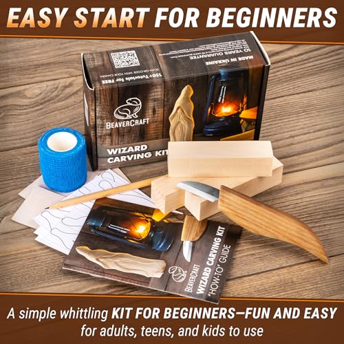 BeaverCraft Whittling Kit for Beginners, Wood Carving Kit for Beginners - Wood Carving Tools Woodworking Kit for Adults and Teens - Whittling Knife Kit with Wood Blocks - Wood Carving Set DIY03 Wizard
