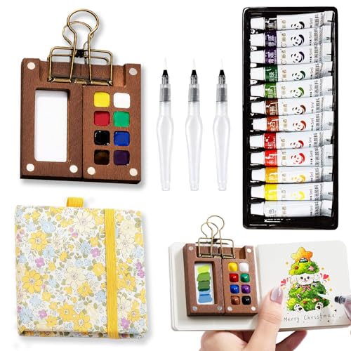 Mini Watercolor Set, Travel Palette for Sketching, Wooden Palette | 12 colors, 3 water brushes, yellow sketchbook, palette and clip; 6x6cm mini kit for travel, outdoor sketching and art class - color: YELLOW
