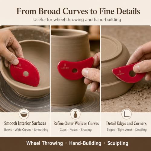 Diyoohomy 6pcs Soft Silicone Pottery Ribs for Ceramic, Mud and Clay Tools | Red Flexible Rubber Rib Trimming, Shaping, Smoothing Tools Kit And Supplies, Mudtools Wheel Throwing, Handbuilding, Sculpting - color: red-6