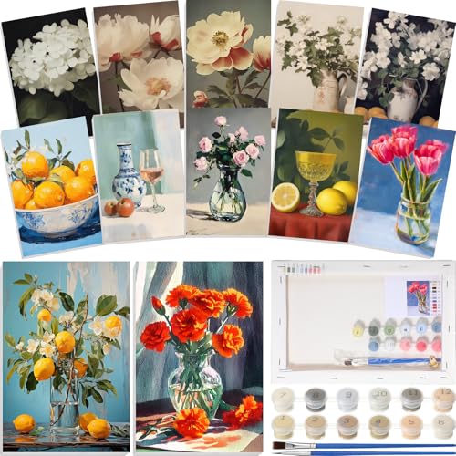 Nezyo 12 Sets Paint by Numbers 8 x 12 Inch for Adults Beginner with Wooden Frames Canvas DIY Acrylic Painting Kit Art Gift for Painting Party Sip and Paint Events for Home Decor(Still Life) - style: Still Life