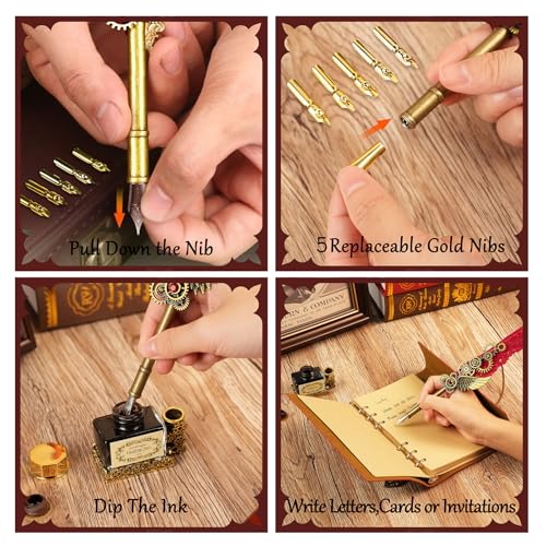 Feather Quill Pen and Ink Set,Calligraphy Set with Leather Journal Notebook | Feather Pen,5 Gold Nibs,Pen Holder,Ink,Antique Calligraphy Kits for Beginners Christmas Gift - color: Red