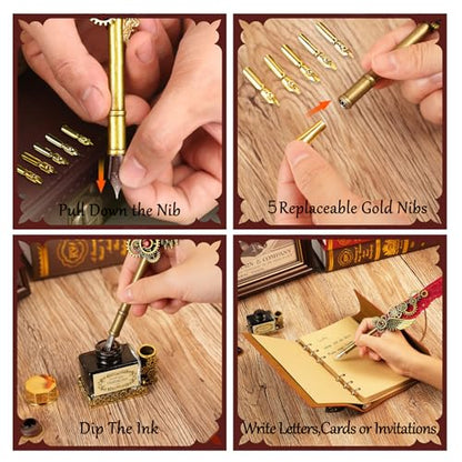 Feather Quill Pen and Ink Set,Calligraphy Set with Leather Journal Notebook | Feather Pen,5 Gold Nibs,Pen Holder,Ink,Antique Calligraphy Kits for Beginners Christmas Gift - color: Red