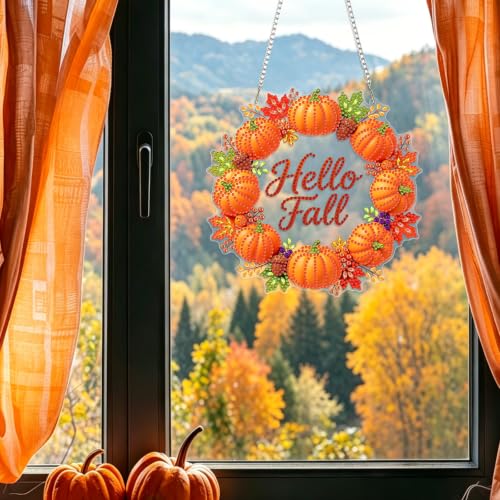 Fall Diamond Art Hanging Ornaments Kits for Adults, Pumpkin Wreath Diamond Painting Pendant Kits, DIY Acrylic 5D Special Shaped Crystal Gem Art Painting Ornament for Home Decor Thanksgiving 8x8Inch - color: As098