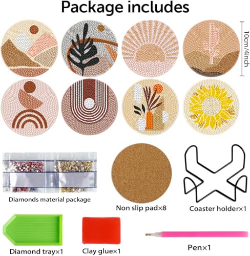 DOTSOPS 8 Pcs Landscape Diamond Painting Coasters with Holder for Beginners - color: Eabstract