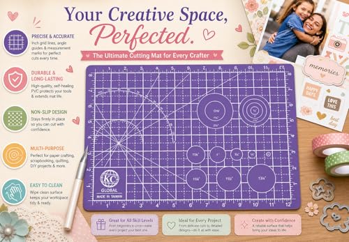 KC GLOBAL A4 (13"x9") Professional Grade Self-Healing Double-Sided PVC Cutting Mat (Purple) - Odor-Free, Eco-Friendly, Non-Slip, Premium Desk Mat for DIY, Crafting, Model Building and Art Projects - size: 13"L x 9"W