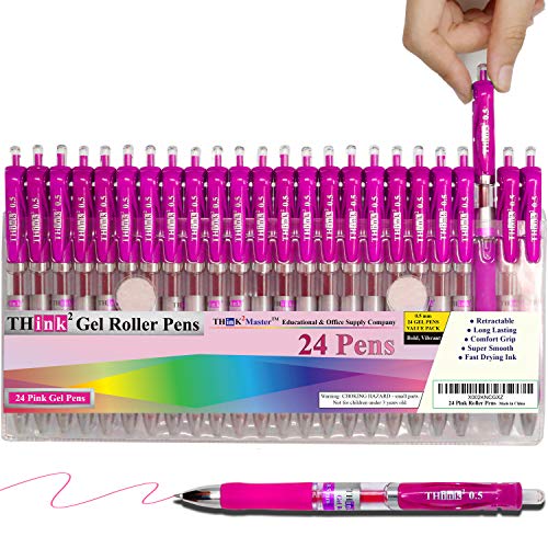 [24 Pens - Pink Ink] Think2 Retractable Gel Pens. (24 Pink) Fine Point (0.5mm) Rollerball Pens with Comfort Grip. - color: Pink