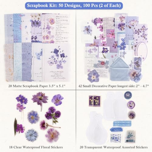 RISYPISY 100Pcs Floral Scrapbook Supplies Kit for Junk Journal - color: Blue