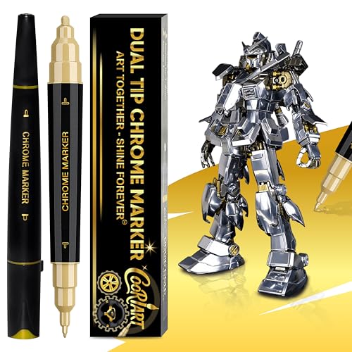 2PK Dual Tip Liquid Gold Chrome Paint Markers, Mirror Gold Pens | 1mm & 2-5mm Reversible Tips Permanent Metallic High Gloss Marker for Metal, Plastic, Fabric, Model, Touch-Up & Repair Kit - color: 2PK Dual Tip - Gold