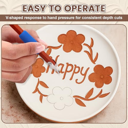 Lanties Pottery Carving Tools Set Include 5 Stainless Steel Blades & Red Pear Wood Handle, Sculpture Scraper Craft Modelling Tools for Clay, Ceramic Sculpting, Graffito, Relief Art (V-tip) - style: V-tip