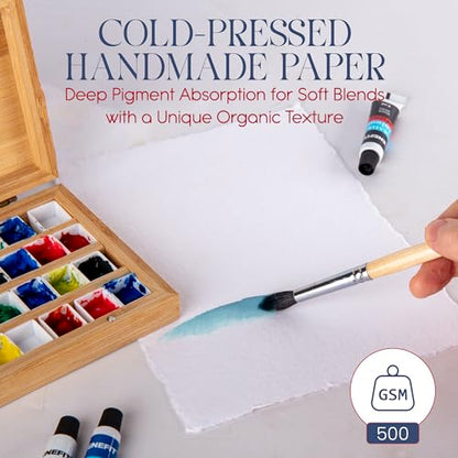 Wanderings Thick Handmade Watercolor Paper with Deckled Edge - A6, 4" x 6" - 500GSM Premium White Cold-Pressed Textured Mixed Media Paper Made with Recycled Cotton - 15 Loose Leaf Sheets - color: White, size: 4x6 inches