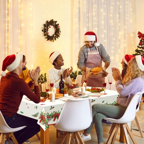 OBUSATT 3pcs Christmas Party Tablecloth Holly and Pine Cone Merry Christmas Holiday Table Cloth 108 x 54 Inch Rectangle Waterproof Xmas Holiday Table Cover Decorations for Christmas Party Supplies - style: Holly and Pine Cone