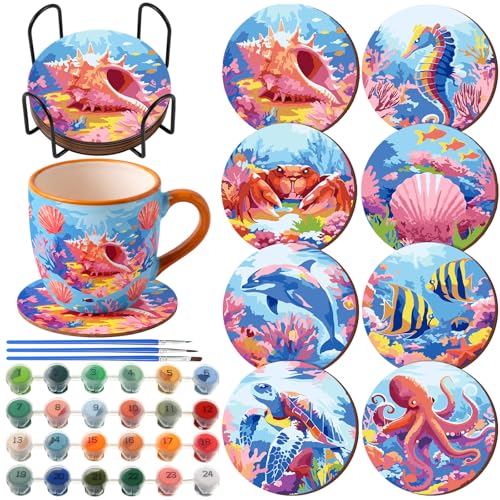 Reallnaive 8 Pcs Ocean Paint by Numbers Kit for Adults Wood Coastal Coaster | Mini Paint by Numbers, Tiny Marine Animal Round Oil Painting Drink Coaster with Holder, for Small DIY Craft Pink Blue Gift - style: Ocean