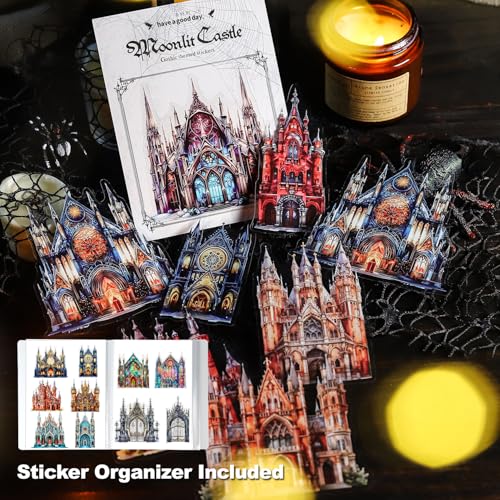 60PCS Moonlight City PET Stickers, Large Gothic Castle Stickers for Scrapbooking, DIY Crafts, Journaling, and Junk Journal Ephemera with Organizer - color: Moonlit City